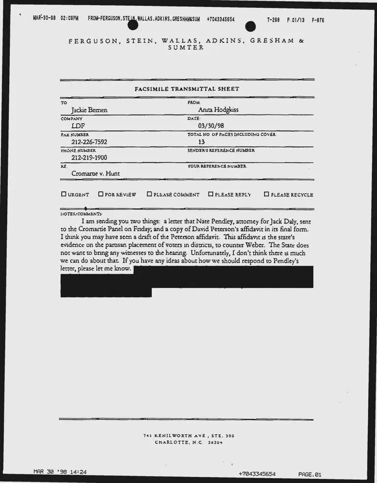 Memo from Berrien to Hodgkiss with Affidavit of David Peterson and Correspondence from Pendley to Judge Boyle (Redacted) preview