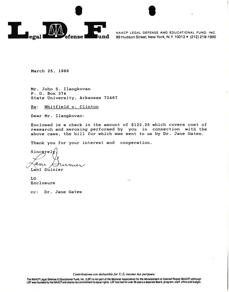 Correspondence from Lani Guinier to John S. Ilangkovan Re Whitfield v. Clinton preview