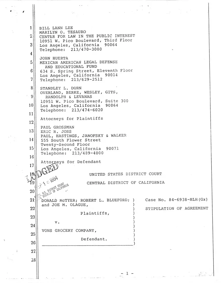 McTyer v. Vons Grocery Company Stipulation of Agreement preview