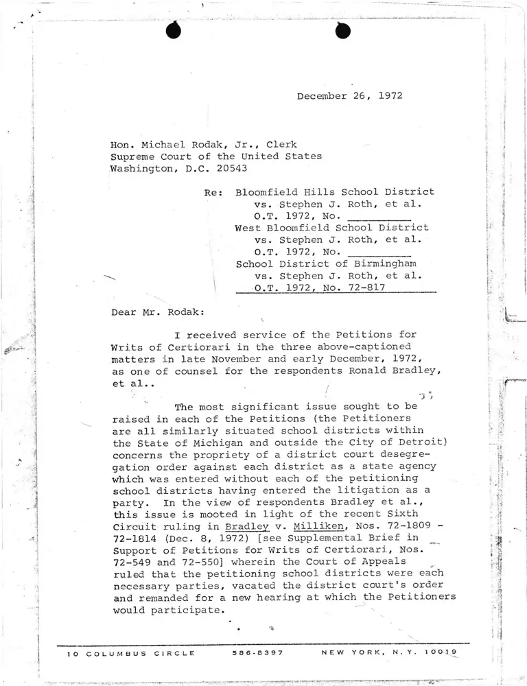 Letter from Chachkin to Supreme Court Clerk RE: Petitions for Writs of Certiorari preview