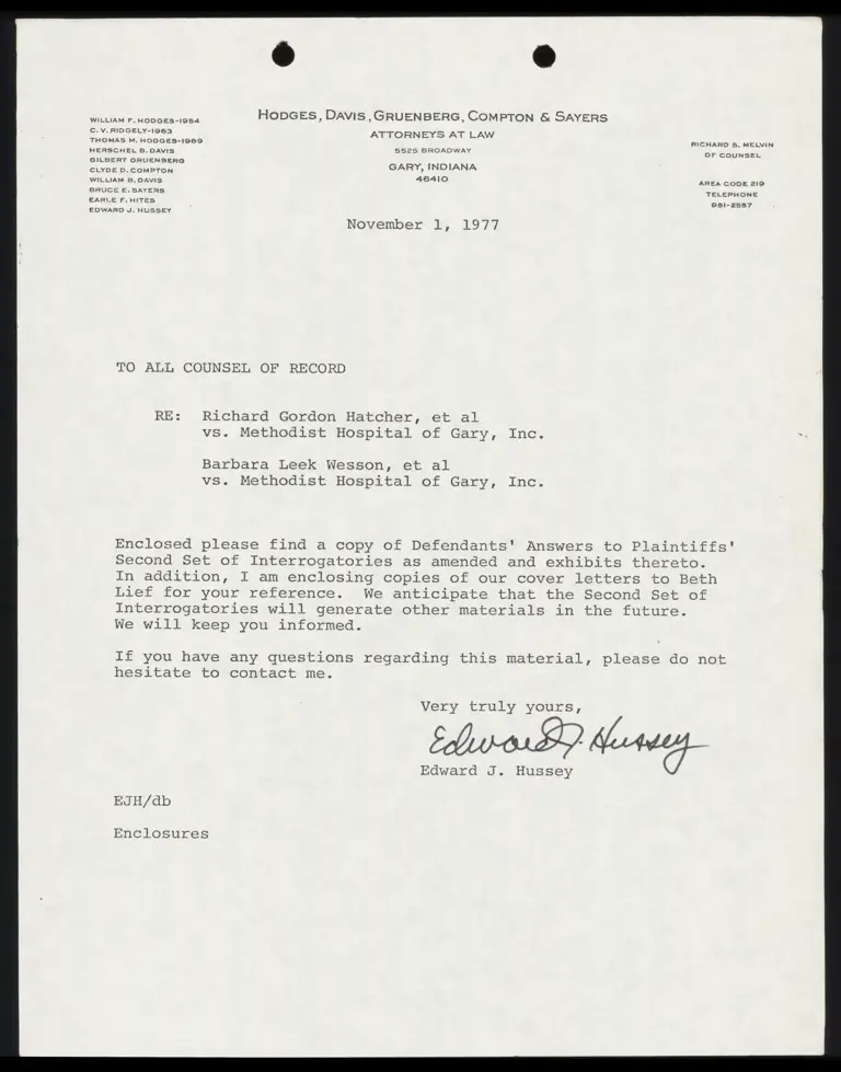 Correspondence from Hussey to All Counsel; Defendants' Answer to Plaintiffs' Second Set of Interrogatories as Amended preview