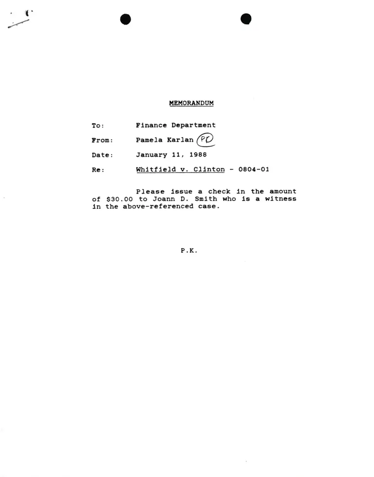 Memorandum from Pamela Karlan to Finance Department Re Whitfield v. Clinton preview