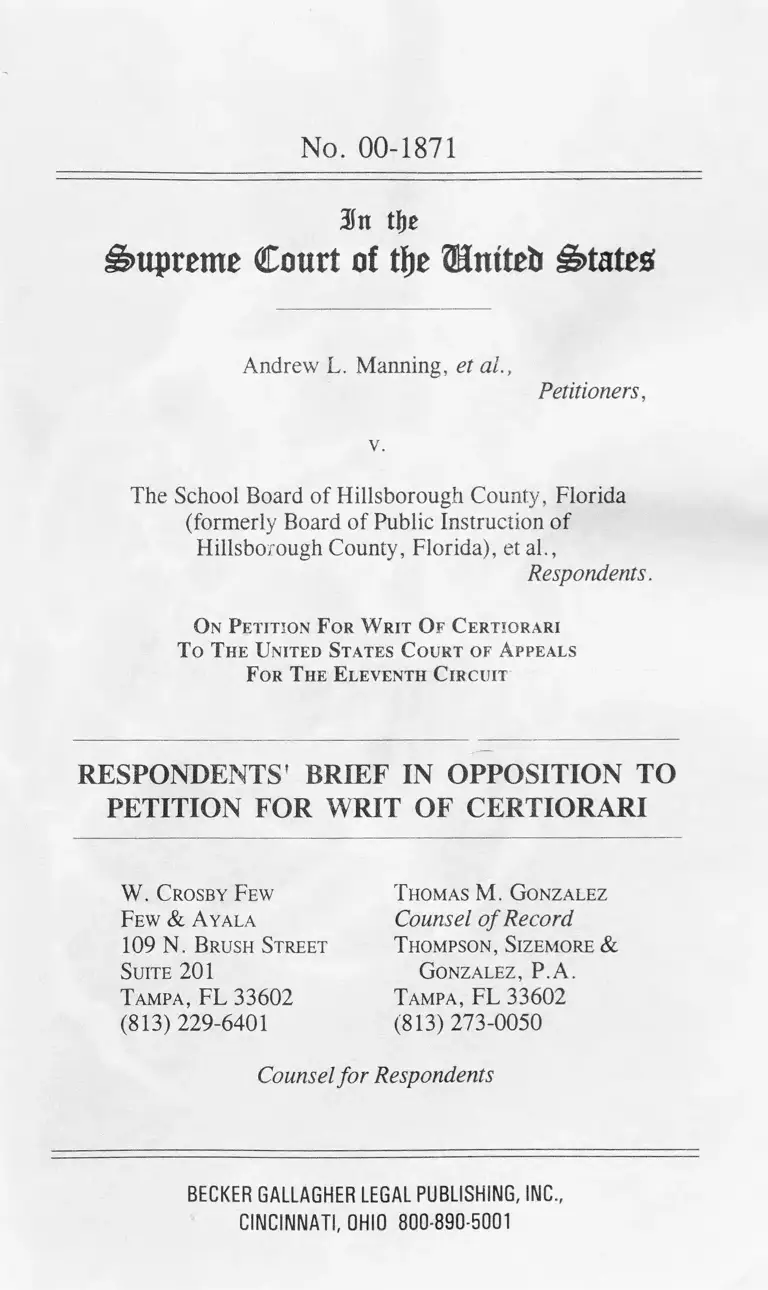 Manning v. School Board of Hillsborough County, Florida Respondents' Brief in Opposition to Petition for Certiorari preview