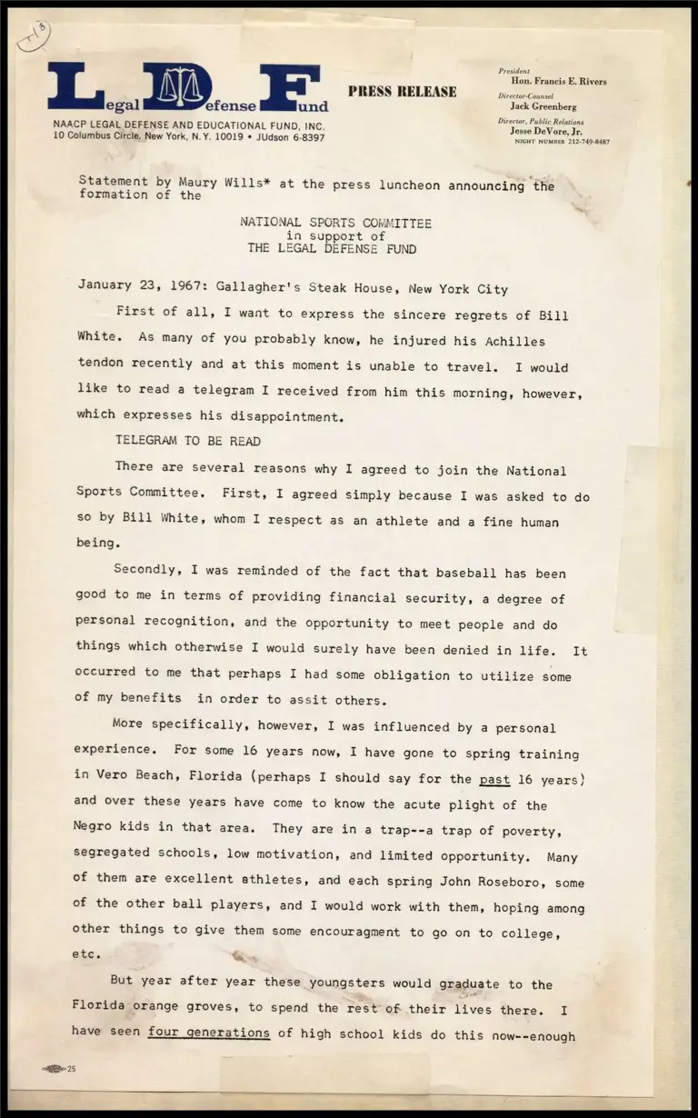 Statement by Maury Wills on National Sports Committee preview
