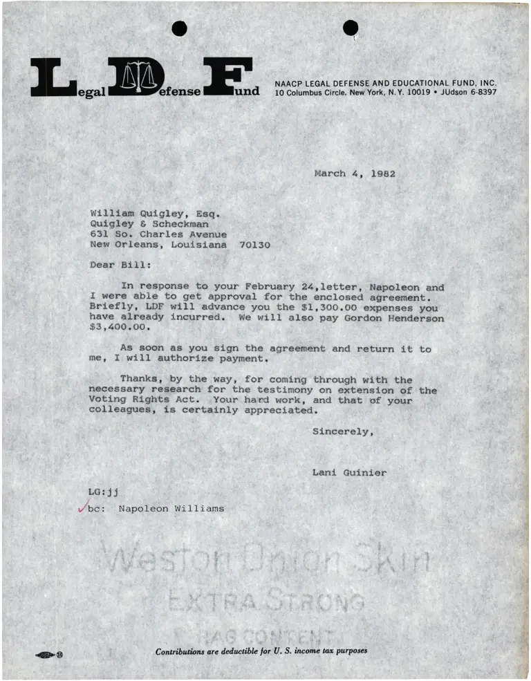 Letter from Lani Guinier to William Quigley Esq. RE: Attorney's Fees for Research for Testimony on Extension of the Voting Rights Act preview