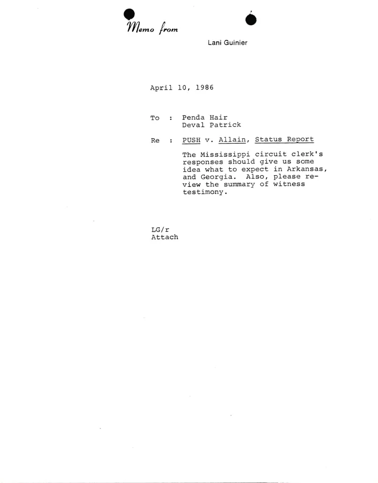 Memorandum from Lani Guinier to Penda Hair and Deval Patrick Re PUSH v. Allain, Status Report preview
