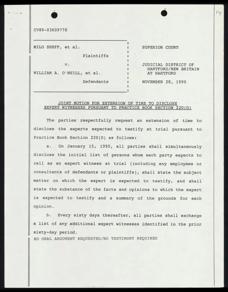 Joint Motion for Extension of Time to Disclose Expert Witnesses Pursuant to Practice Book Section 220 (D) preview