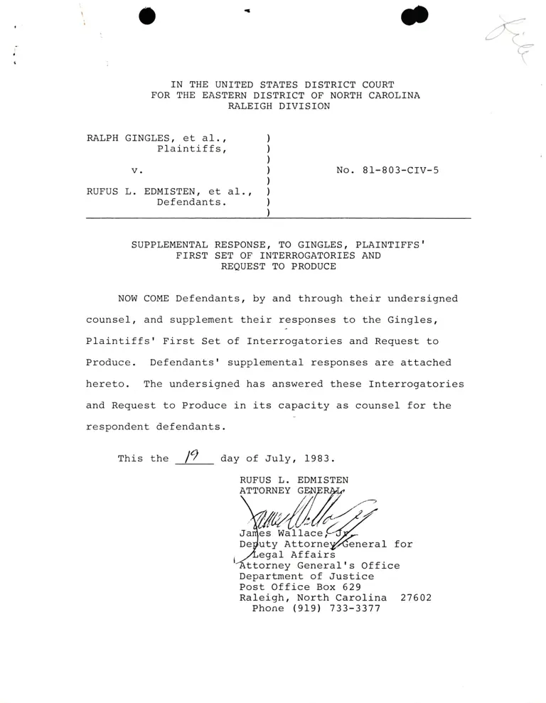 Supplemental Response, To Gingles, Plaintiffs' First Set of Interrogatories and Request to Produce preview