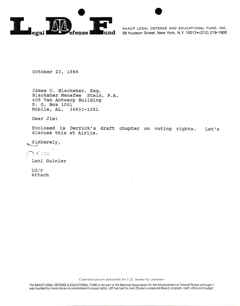 Correspondence from Lani Guinier to James U. Blacksher preview