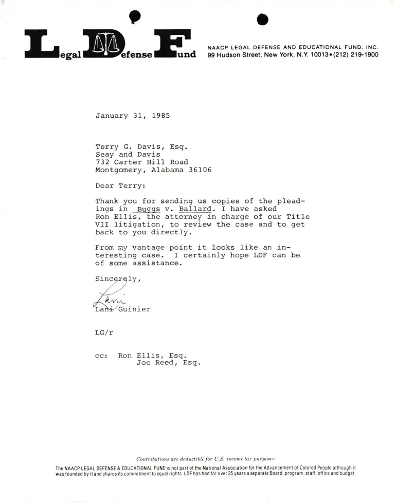 Correspondence from Lani Guinier to Terry G. Davis preview