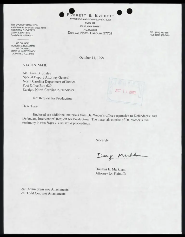 Letter to Smiley from Markham RE Request for Production preview