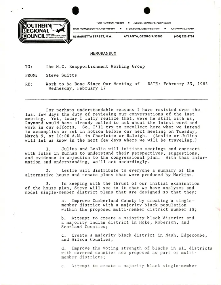 Memorandum from Suitts to North Carolina Reapportionment Group preview