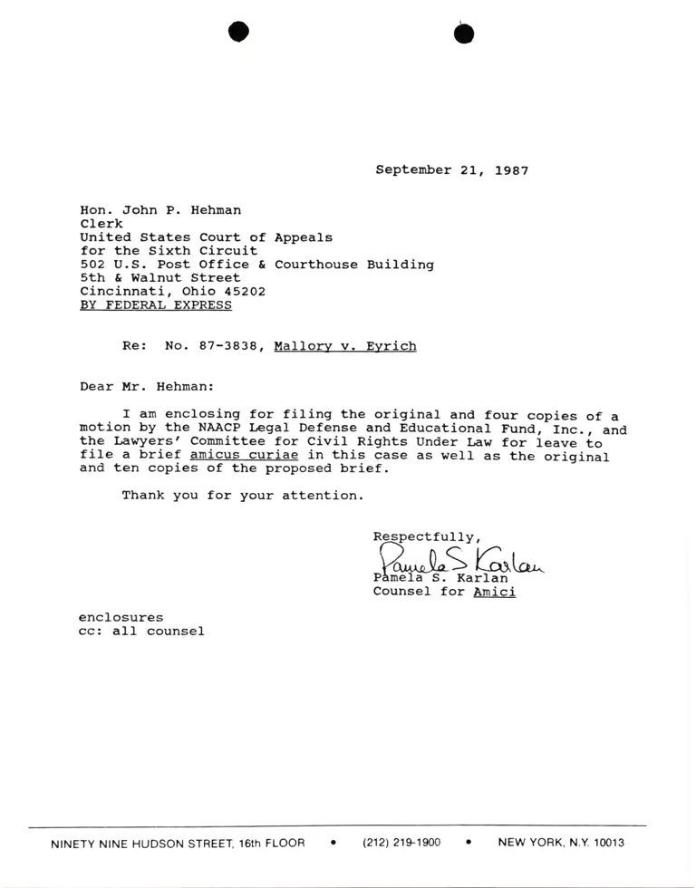 Correspondence from Pamela Karlan to John P. Hehman (Clerk) Re: Mallory v. Eyrich preview