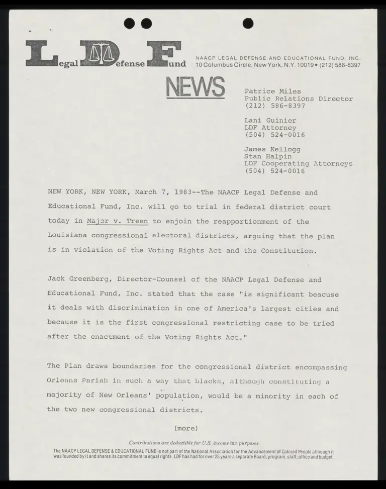 Press Release on Major v. Treen Louisiana Reapportionment Case preview