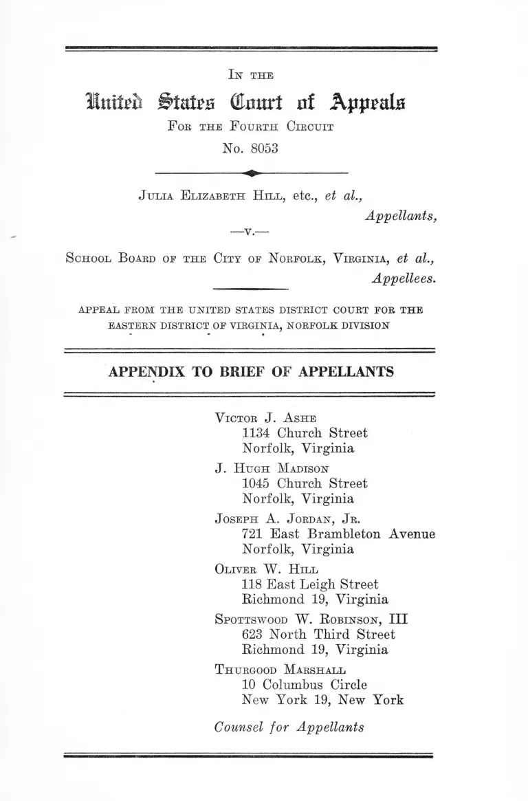 Hill v. City of Norfolk, VA School Board Appendix to Brief of Appellants preview