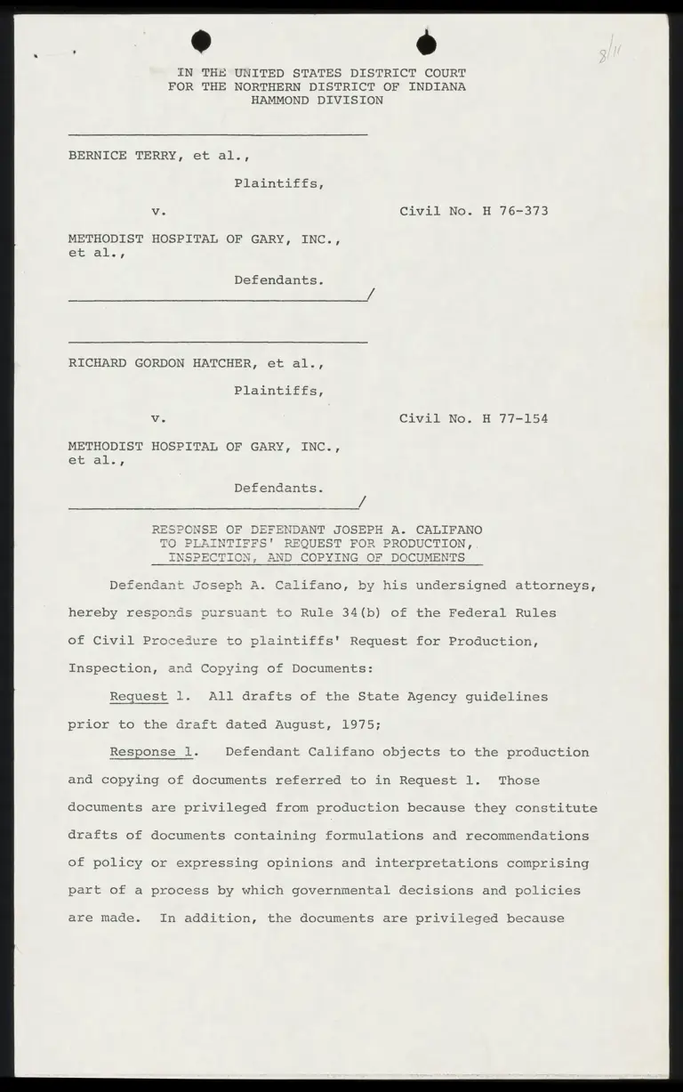 Response to Plaintiffs' Request for Production, Inspection and Copying of Documents preview