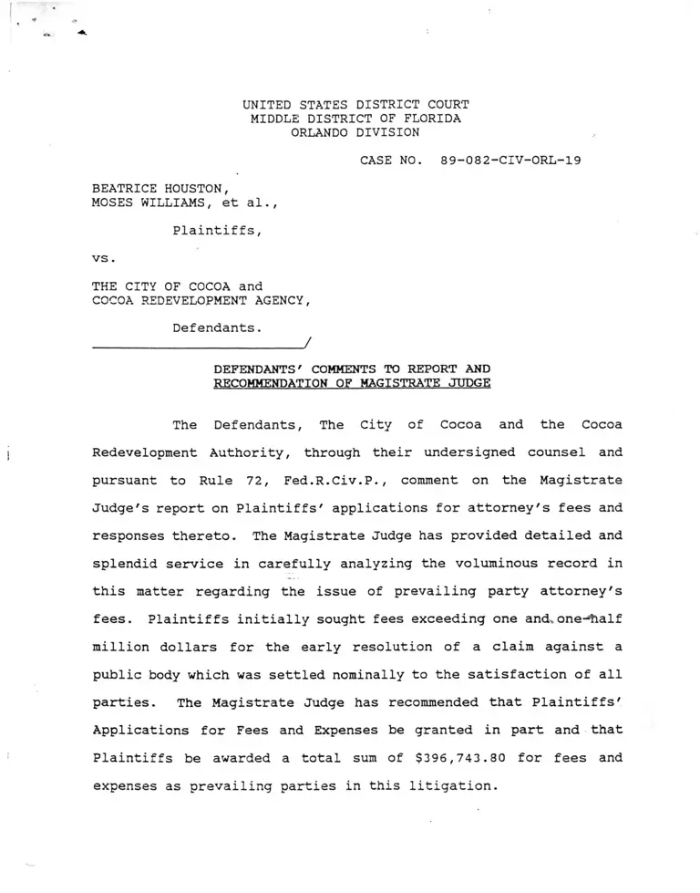 Houston v. City of Cocoa Defendants' Comments to Report and Recommendation of Magistrate Judge preview