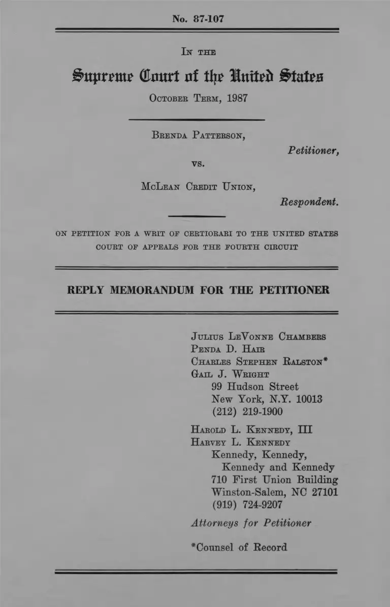 Patterson v. McLean Credit Union Reply Memorandum for the Petitioner preview
