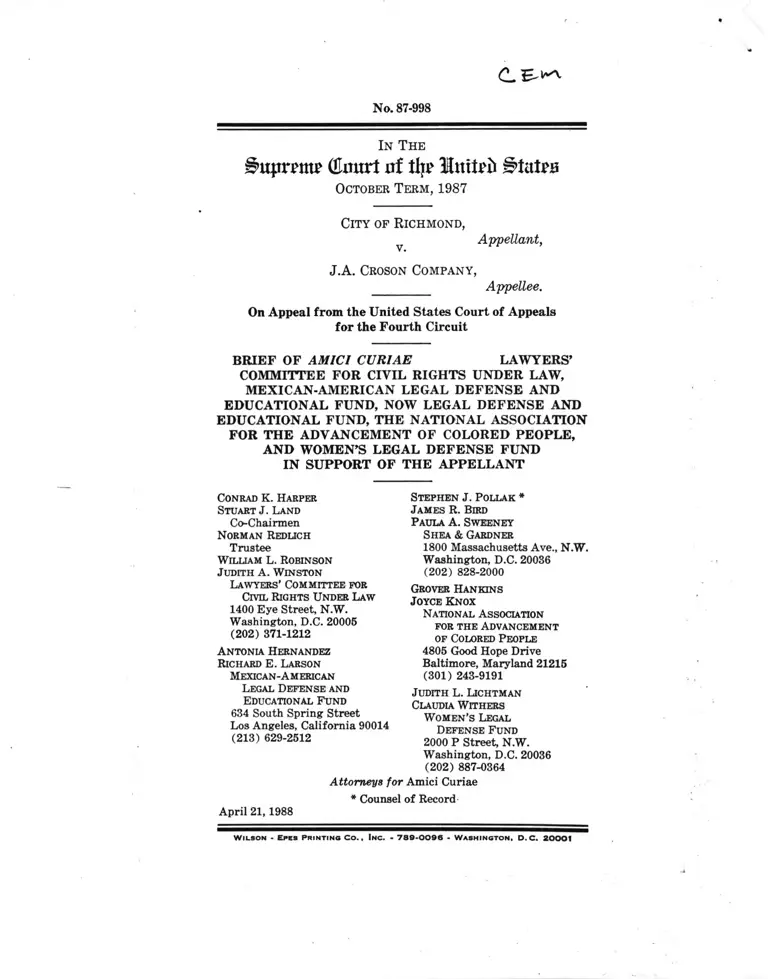 Richmond v JA Croson Company Brief of Amici Curiae in Support of Appellant preview
