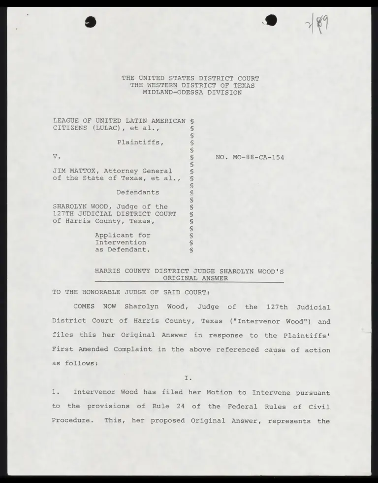 Harris County District Judge Sharolyn Wood's Original Answer preview