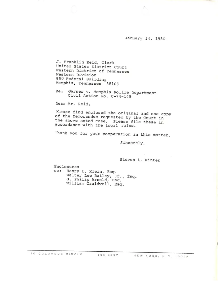 Correspondence from Winter to Clerk Re: Memorandum preview