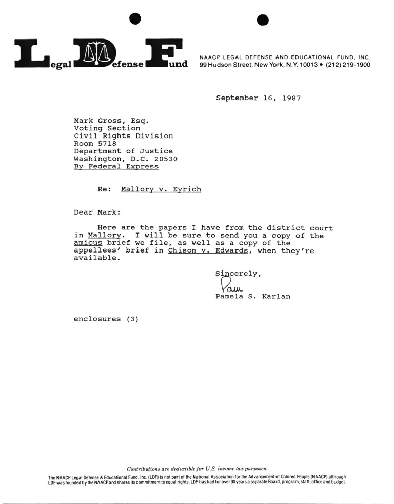 Correspondence from Pamela Karlan to Mark Gross Re Mallory v. Eyrich preview