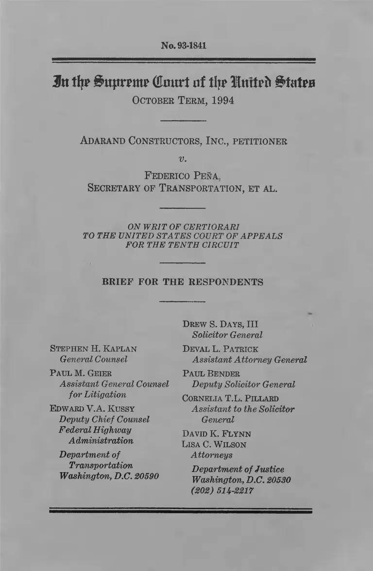 Adarand Constructors, Inc. v. Pena Brief for the Respondents preview