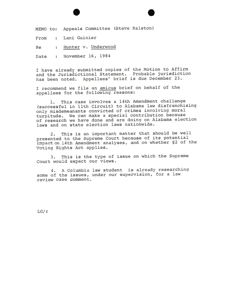 Memo from Lani Guinier to Appeals Committee (Steve Ralston) RE: Hunter v. Underwood preview