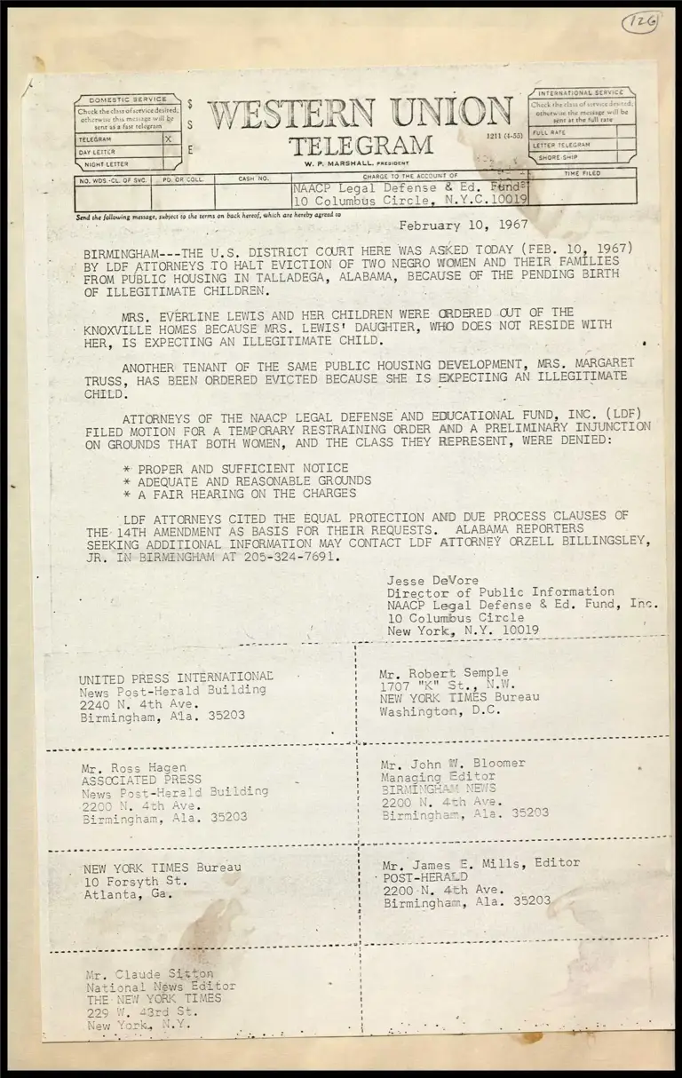 U.S. District Court (Birmingham) Asked to Stop Eviction of Women From Public Housing Due to Illegitimate Children (Telegram) preview