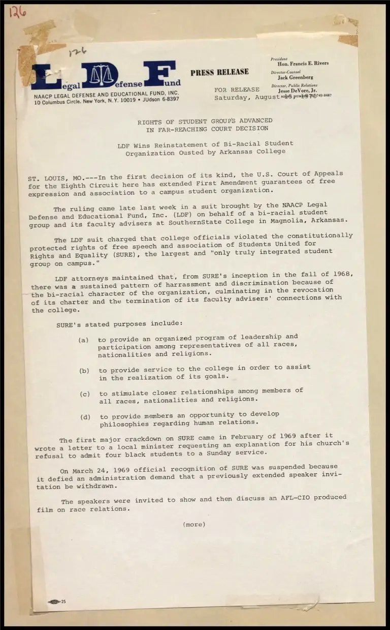 Rights of Student Groups Advanced in Far-Reaching Court Decision - LDF Wins Reinstatement of Bi-Racial Student Organization Ousted by Arkansas College preview
