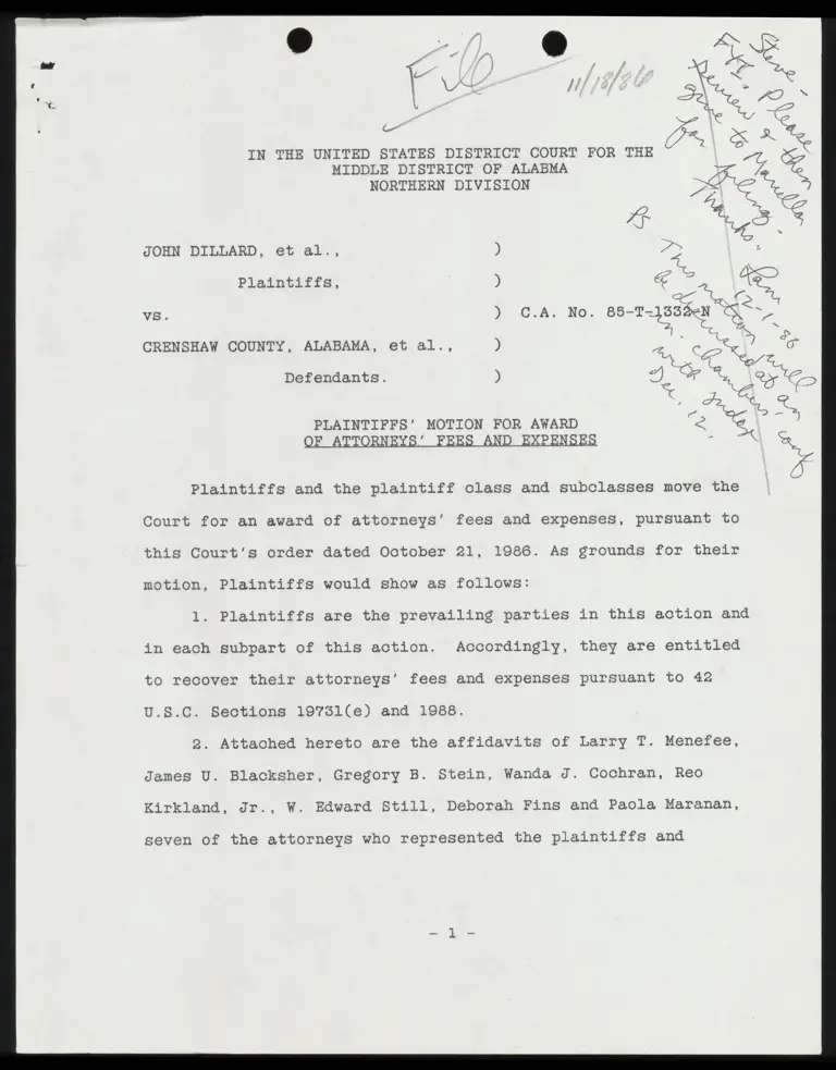 Plaintiffs' Motion for Award of Attorneys' Fees and Expenses; Affidavits of Blacksher; of Menefee; of Cochran; of Kirkland; of Fins; of Maranan preview