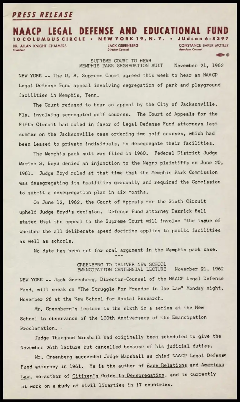 Supreme Court to Hear Memphis Park Segregation Suit preview