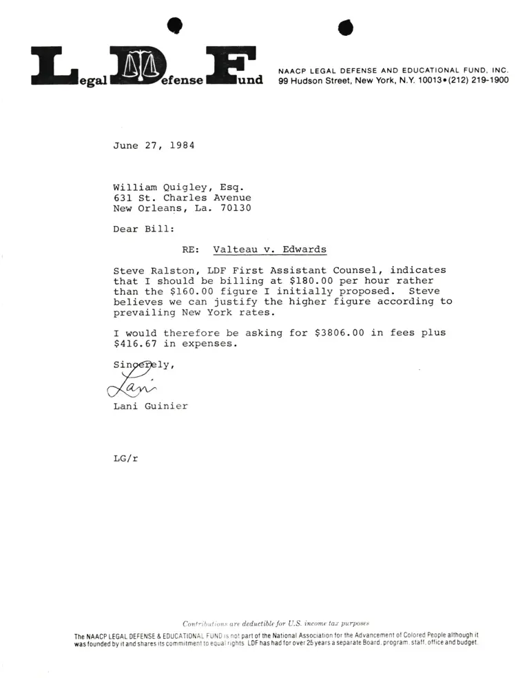 Letter from Lani Guinier to William Quigley RE: RE: Valteau v. Edwards preview