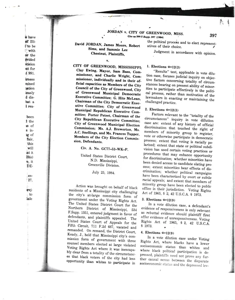 Jordan v. City of Greenwood Federal Supplement Court Opinion preview