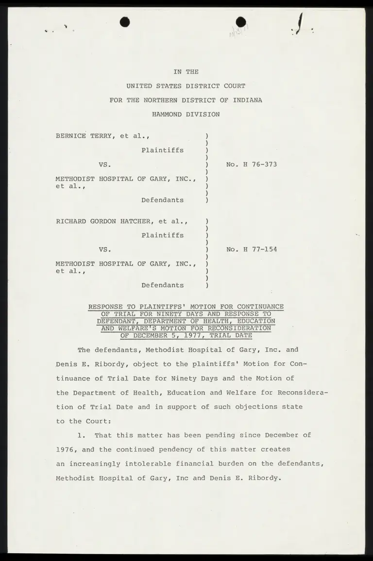 Response to Motion for Continuance of Trial and Motion for Reconsideration of Trial Date; Affidavit of Bruce E. Sayers preview