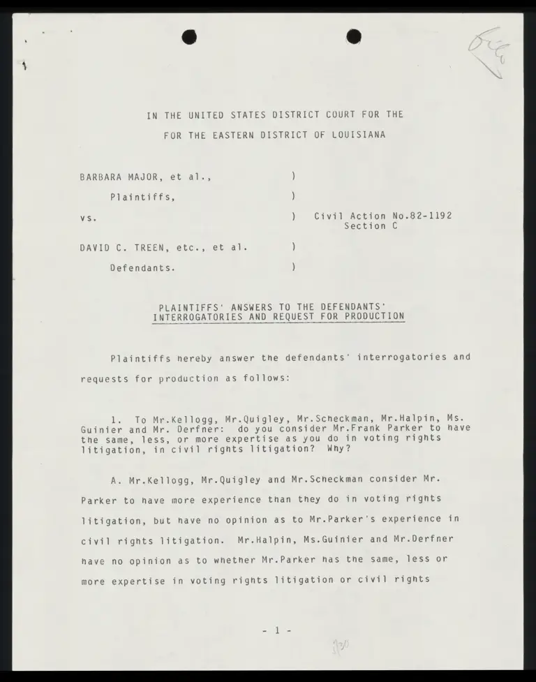 Plaintiffs' Answers to the Defendants' Interrogatories and Request for Production; Ten Most Significant Cases Submitted by Lani Guinier, May 1977 - May 1985 preview