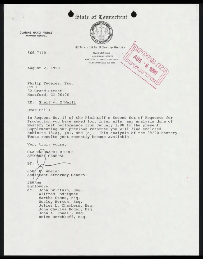 Correspondence from Whelan to Tegeler; Memo from Rivera to Counsel preview