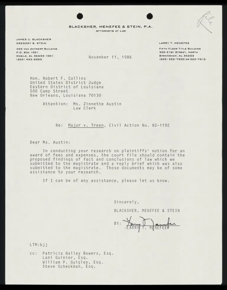 Correspondence from Menefee to Collins (Judge) and Austin (Clerk) preview