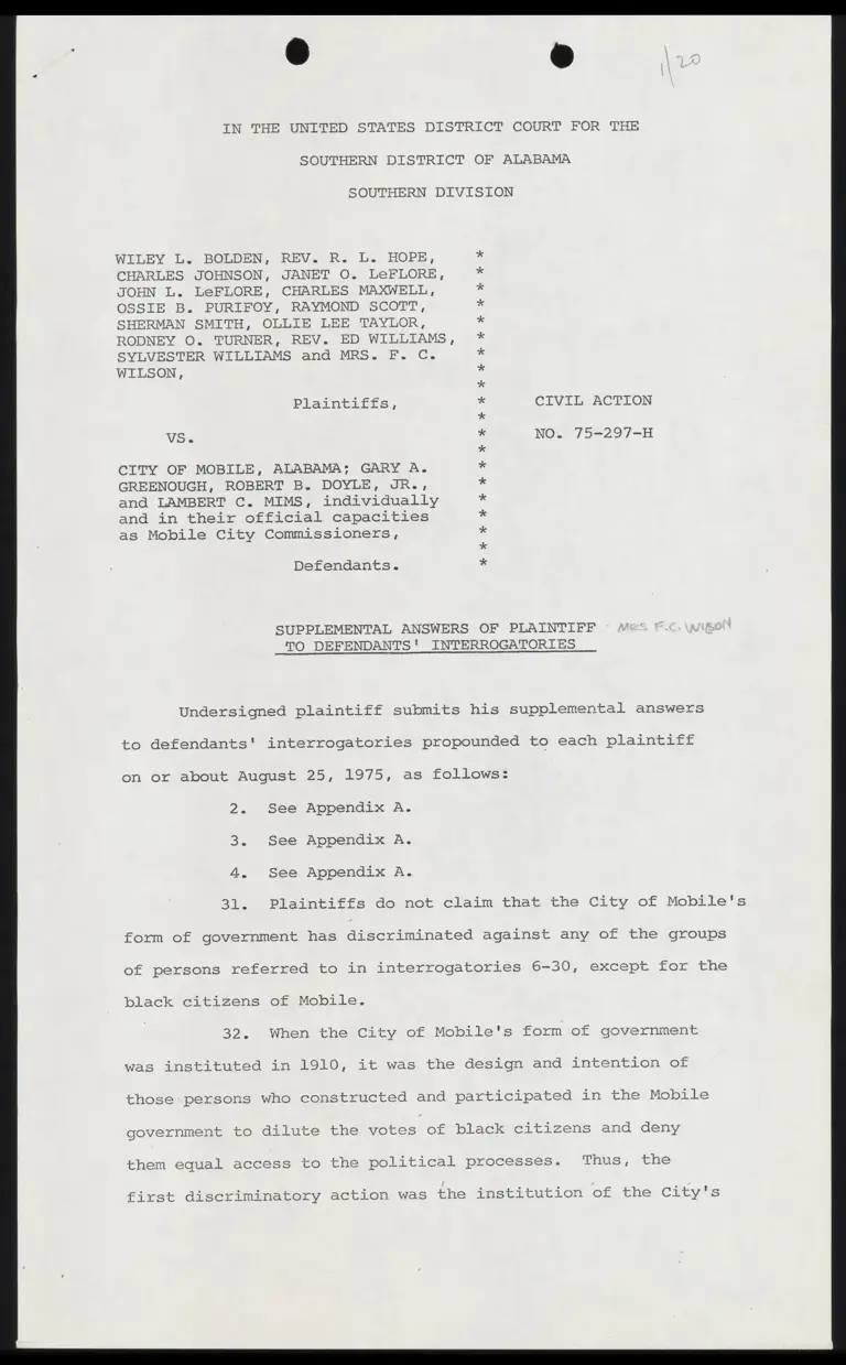 Supplemental Answers of Plaintiff F.C. Wilson to Defendants' Interrogatories preview
