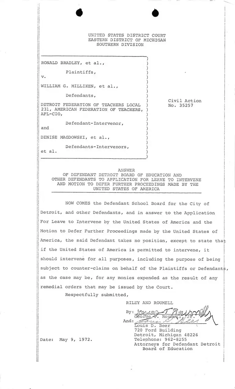 Answer of Defendants to Application for Leave to Intervene and Motion to Defer Further Proceedings Made by The United States preview