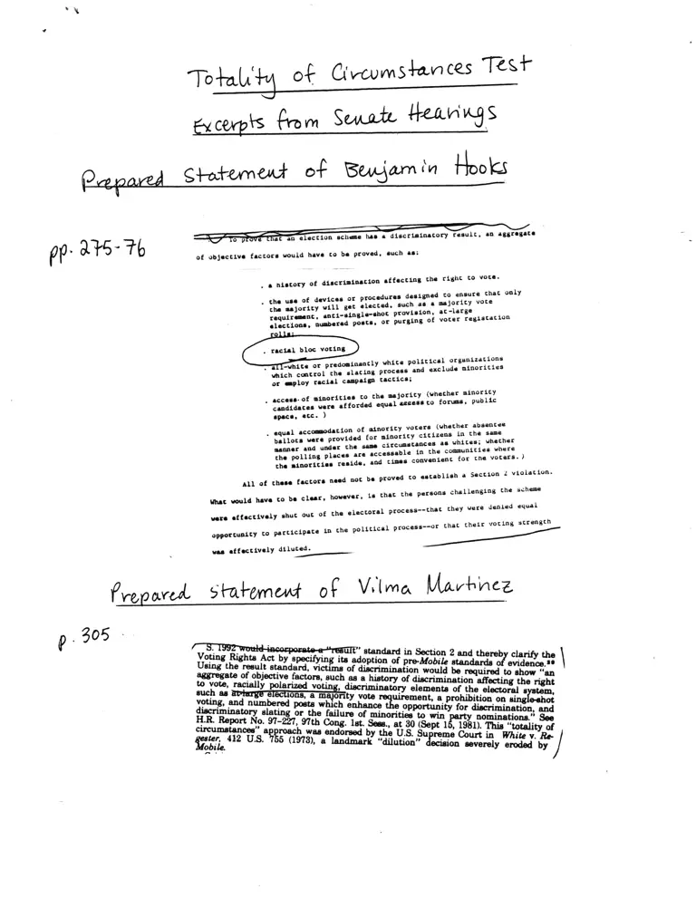 Excerpts from Senate Hearings: Totality of Circumstances Test (Prepared Statement of Benjamin Hooks) preview