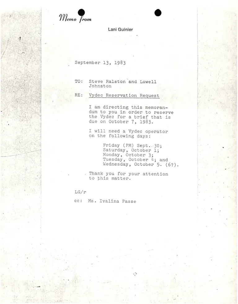 Correspondence from Lani Guinier to Steve Ralston and Lowell Johnston Re: Vydec Reservation Request preview