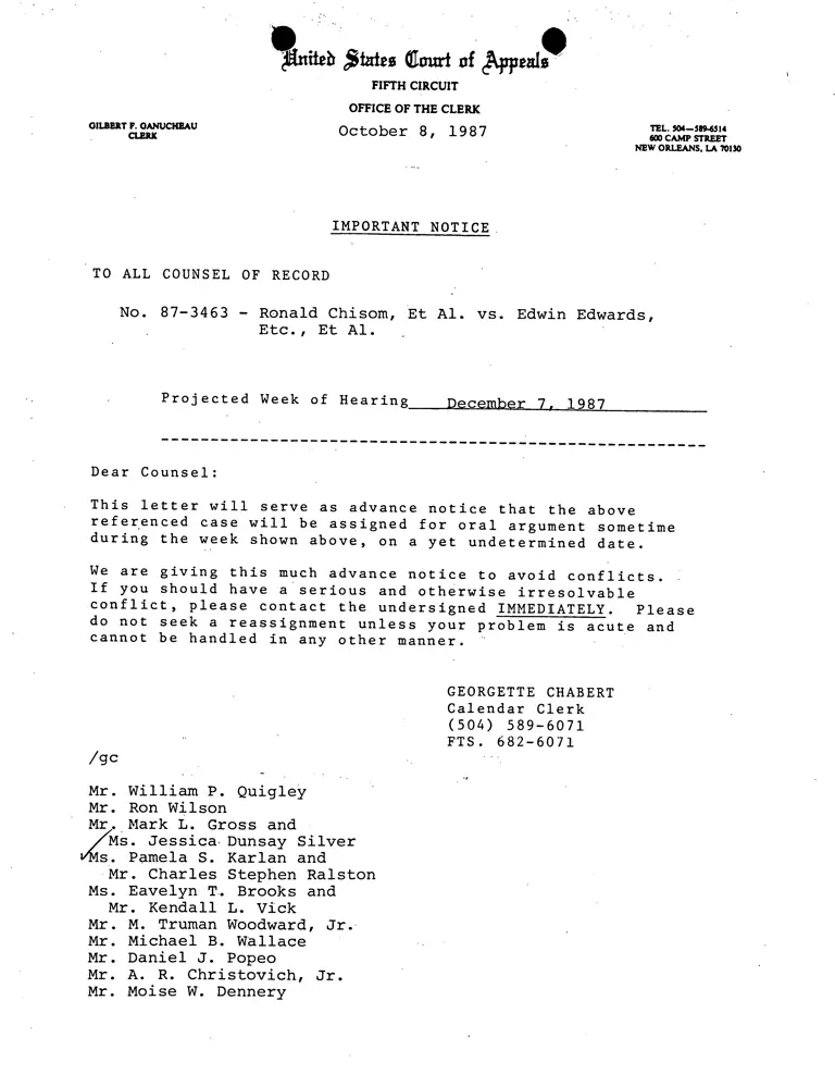 Memorandum to Counsel of Record from Chabert (Clerk) preview