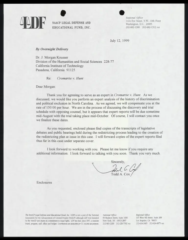Letter from Cox to Dr. Kousser RE: His work as an expert witness preview