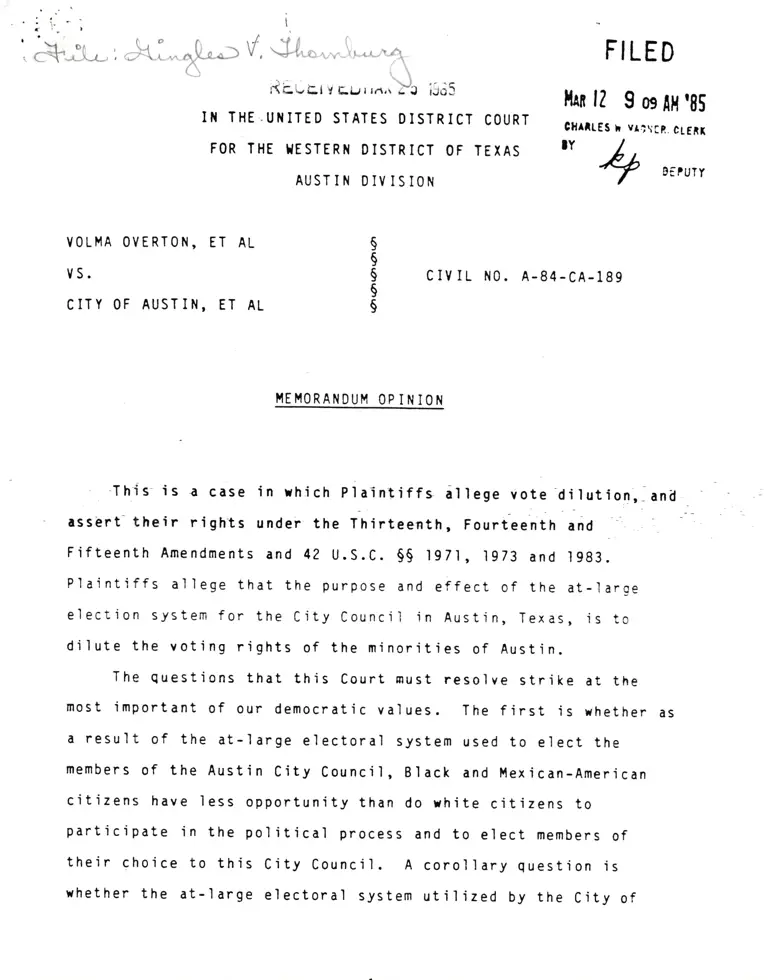 Overton v. City of Austin Memorandum Opinion preview