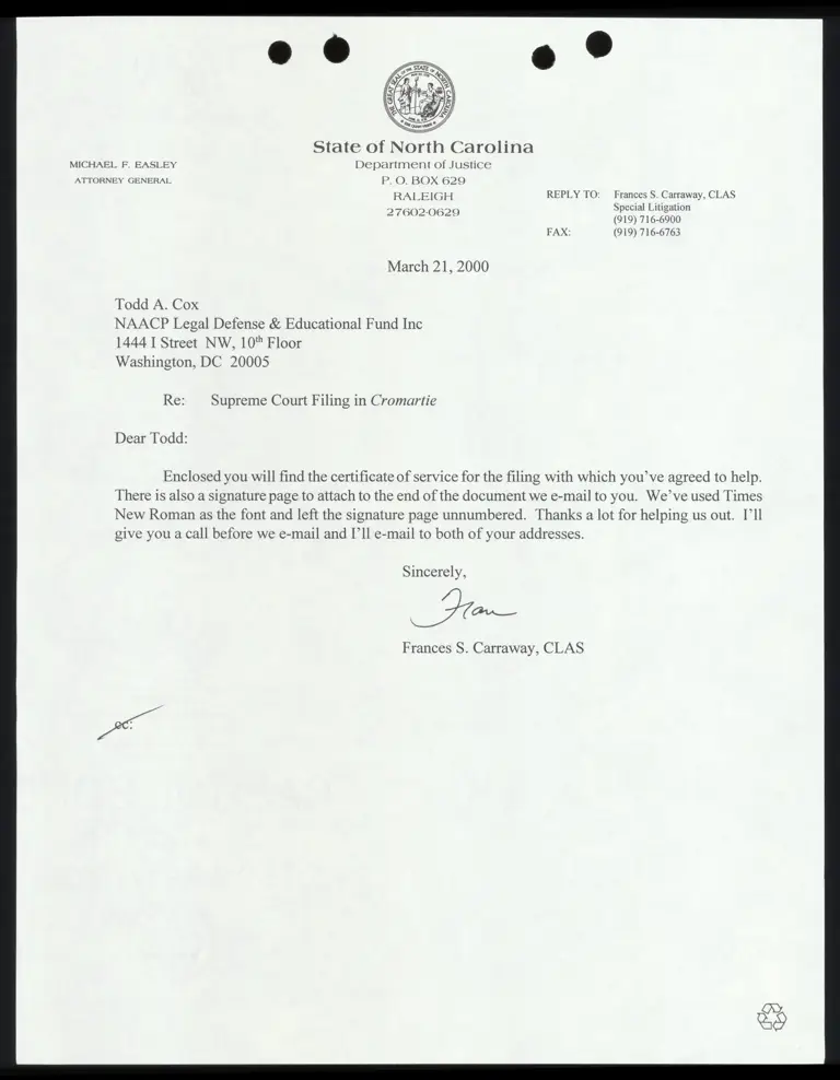 Letter to Cox from Carraway RE: Supreme Court Filing preview