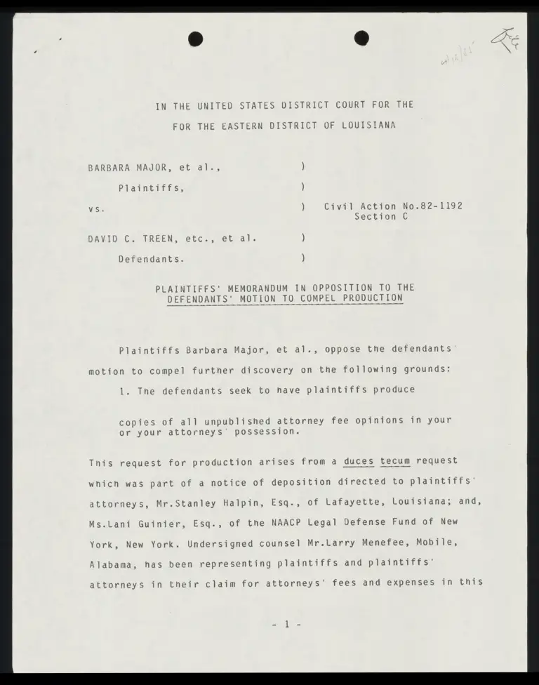 Plaintiffs' Memorandum in Opposition to Defendants' Motion to Compel Production preview