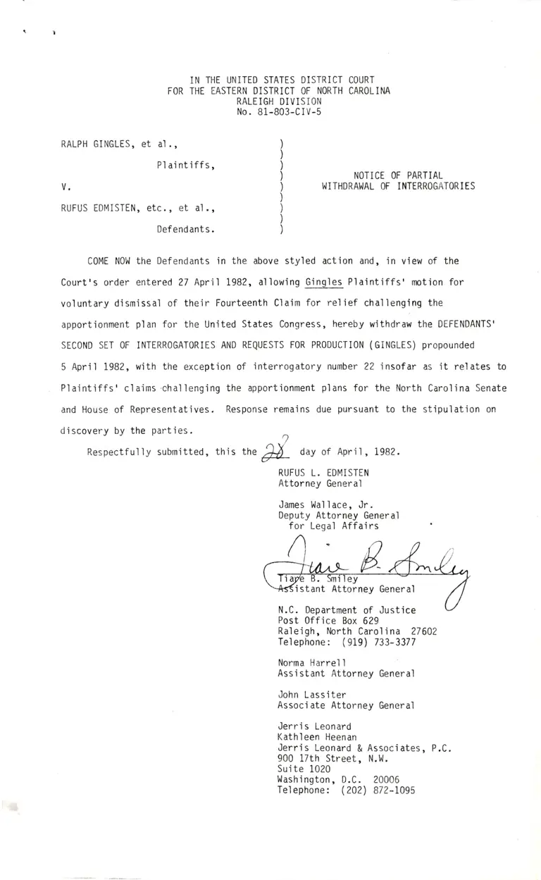 Notice of Partial Withdrawal of Interrogatories preview