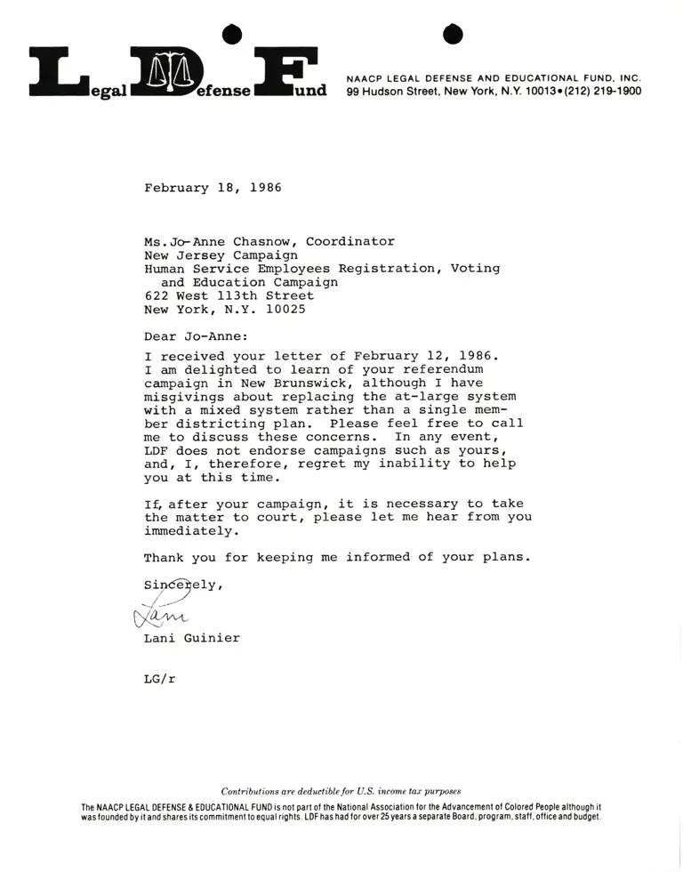 Correspondence from Lani Guinier to Jo-Anne Chasnow (Voting and Education Campaign) preview