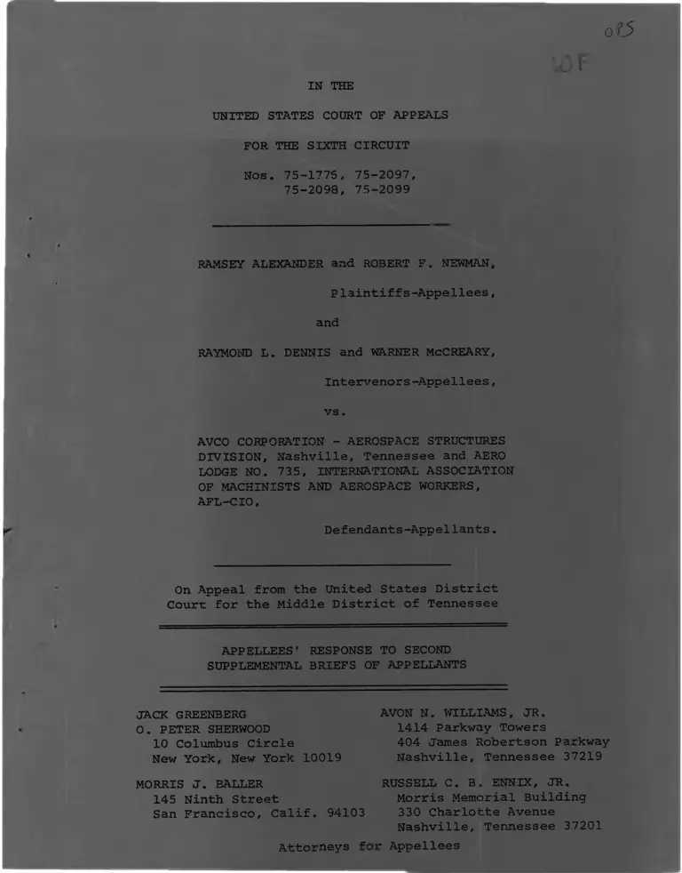 Alexander v. Dennis Appellees' Response to Second Supplemental Briefs of Appellants preview